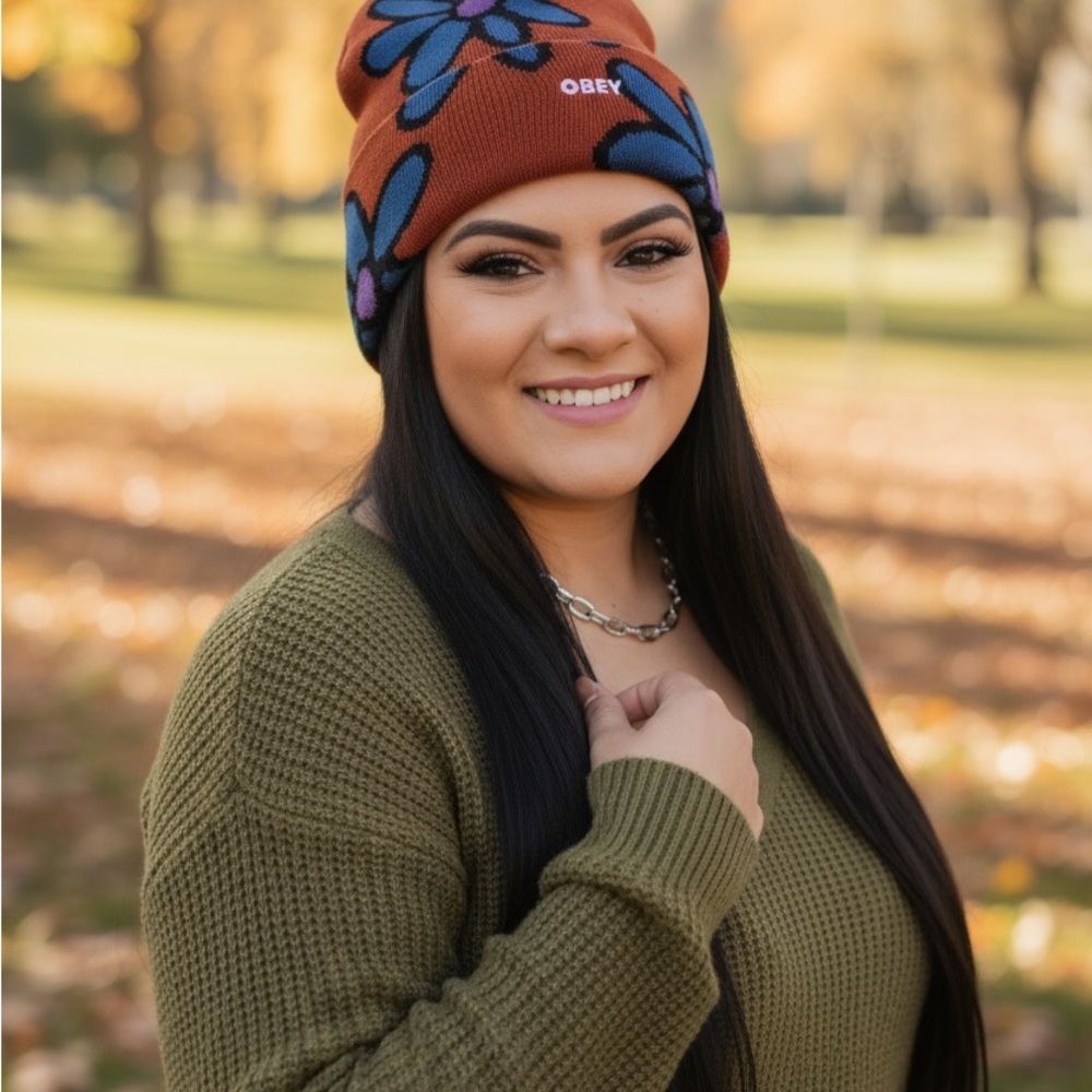 Obey Women's Beanie - Rust and Navy Floral